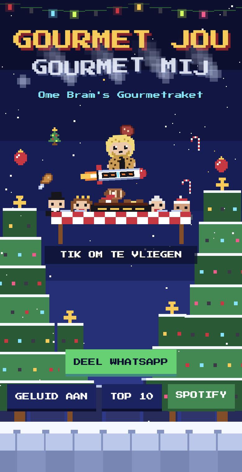 Startscherm van het spel: Ome Bram op de gourmetraket boven de kersttafel